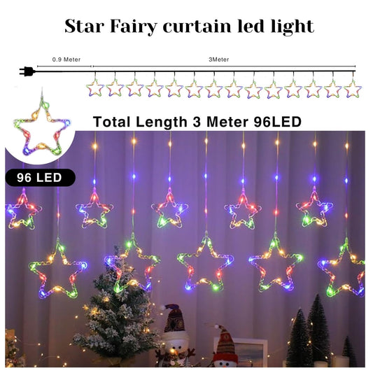Fairy Star Curtain String LED Lights – 3 Meter Multi-Color Plug-in Decorative Lights with 96 LEDs, (5+5 Star Design) for Christmas Home Decoration